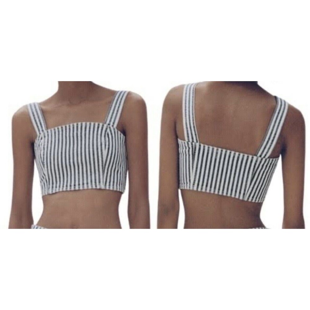 NWT Zara Denim Crop Top Size XS White Blue Striped Side Zipper Square Neck